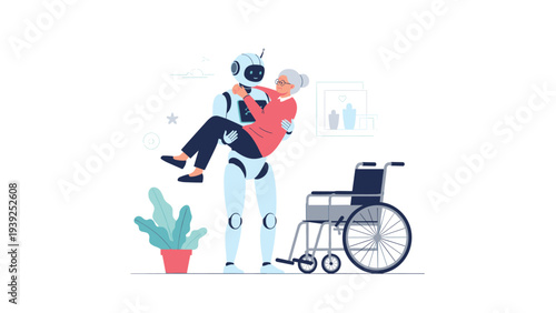 A helpful robot carries an elderly woman, symbolizing advanced care, assistance for seniors, and future smart home support.