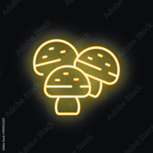 Yellow neon icon of three mushrooms glowing on black background, representing concepts such as food, nature, and healthy eating