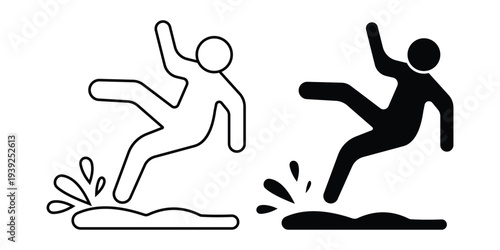 Slippery floor icon. slippery wet floor icon in black solid style. Safety warning: falling hazards—ladder, stairs, slippery floor.  
