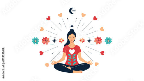 A woman meditates in a lotus position, surrounded by hearts, stars, flowers, and celestial elements, symbolizing spiritual well-being and inner peace.