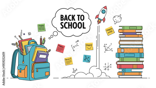A dynamic "Back to School" illustration with a backpack full of supplies, a rocket launching, and stacks of books, representing learning and new beginnings.