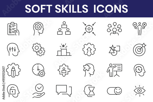 Soft skills icon set. Containing active listening, communication, confidence, conflict resolution, critical thinking, empathy, teamwork, leadership, time management and more. Vector illustration.