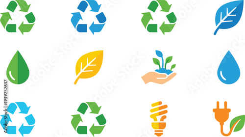 Eco friendly icons set including recycling symbol, leaf, water drop, hand holding plant, light bulb and plug on for sustainable living and environmental conservation