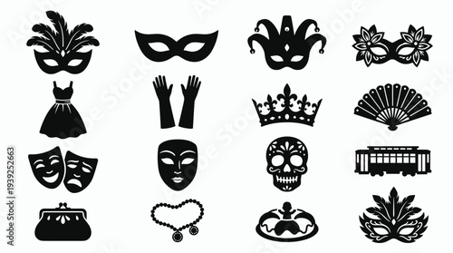 Collection of various black carnival masks and accessories on for party and costume