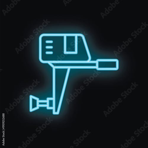 Neon blue outboard motor glowing on black background, perfect for illustrating topics such as boating, fishing, or marine equipment