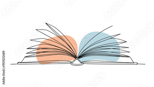 An open book with pages fluttering and abstract colored shapes, representing reading, imagination, and the flow of knowledge.