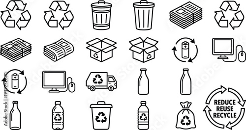 Black and white line drawing of various eco friendly and recycling symbols