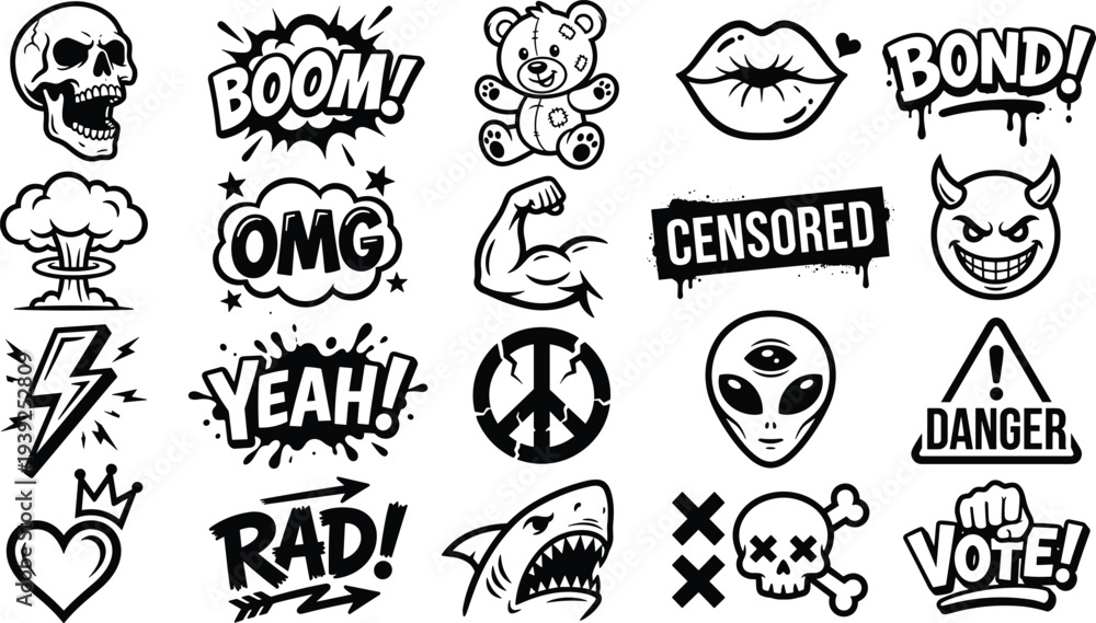 Obraz premium Collection of various black and white stickers and icons on with words like boom, danger, and shark