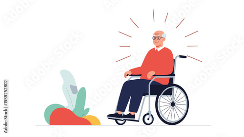 A happy elderly man sits in a wheelchair with glowing rays around him, symbolizing health improvement, recovery, and positive well-being.
