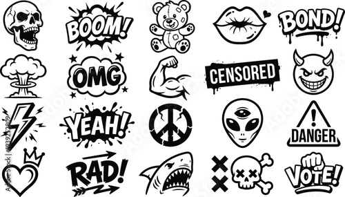 Collection of various black and white stickers and icons on with words like boom, danger, and shark