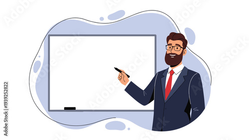 A confident bearded man in a suit points to a blank whiteboard, ready to present information or teach a lesson.