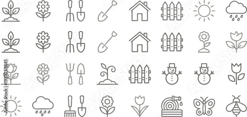 Collection of various gardening icons and tools in simple line art style