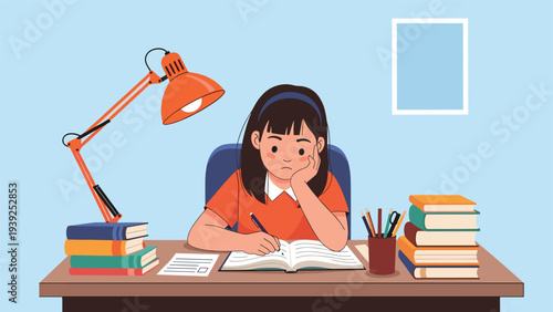 A young girl intently studies and writes at a desk, surrounded by books and a lamp, symbolizing education and academic focus.