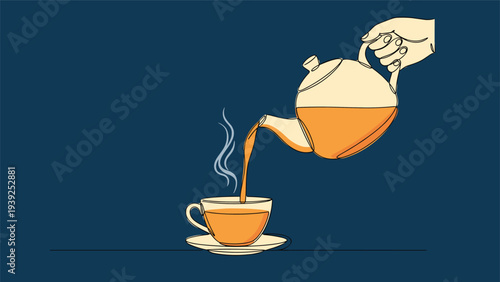 A hand pours steaming hot tea from a teapot into a cup and saucer, creating a cozy and inviting beverage scene.