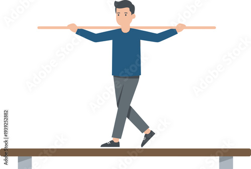 Flat vector illustration of a man carefully walking across a narrow wooden balance beam while holding a long pole for stability. Perfect for physical therapy and fitness training graphics.