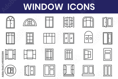 Window icon set. Includes various window types, frames, and architectural symbols. Ideal for home design, building, sliding, Palladia, awning, basement, transom, accordion.