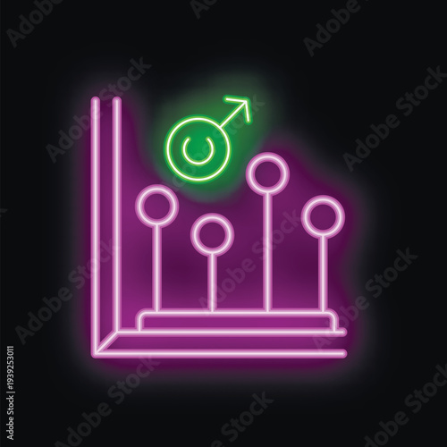 Neon icon of a male symbol rising above female symbols on a bar chart, representing the gender pay gap