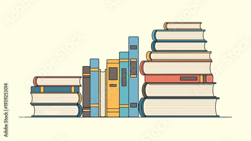 A diverse collection of colorful books in various stacks and rows, symbolizing extensive knowledge, education, and literary variety.