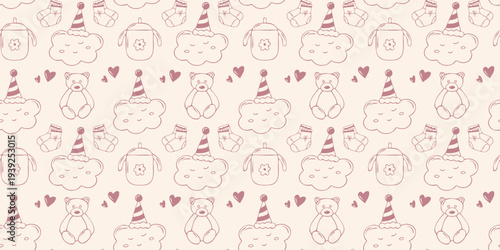 Vintage seamless pattern with teddy bears, clouds, socks, sippy cups. Hand drawn minimalist soft line art vector background for baby wallpaper, newborn textile, print, first birthday celebration decor
