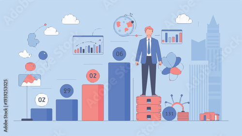 Business professional standing on a rising graph amidst analytics and cityscape background illustration