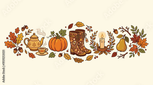 Autumn themed border with teapot, pumpkin, boot, candle, and fall leaves on cream background