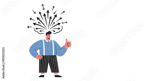 A confident man with a thumbs up gesture has arrows bursting from his head, symbolizing a surge of ideas, solutions, and creative thinking.