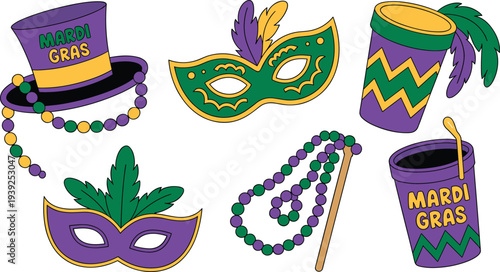Colorful Mardi Gras carnival elements set with masks beads hat drum festive purple green gold vector illustrations isolated on white background party decoration