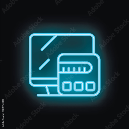 Blue neon icon of a computer screen with a credit card aside, illustrating online payments and e commerce