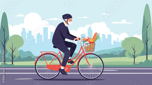 A senior man in a suit wears a helmet and rides a bicycle with groceries through a city park, promoting healthy aging and eco-friendly transport.