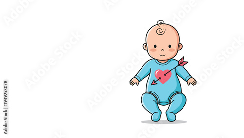 Adorable baby wearing a light blue onesie, featuring a charming heart and arrow design, symbolizing love, innocence, and sweet affection.