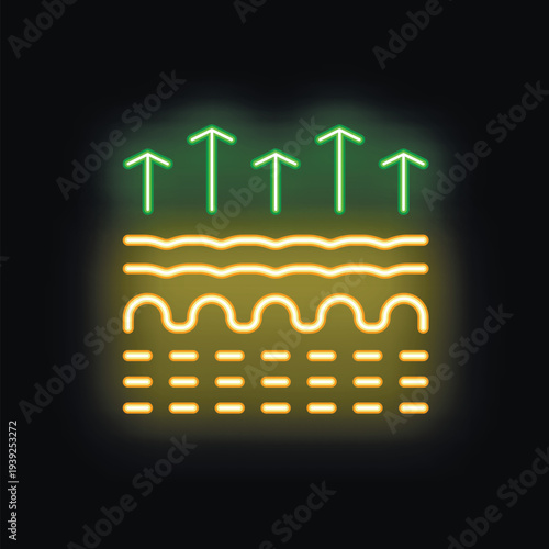Glowing neon icon of soil layers with arrows showing the direction of water evaporation