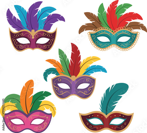 Colorful Mardi Gras feather masks collection with decorative carnival masquerade masks in vibrant festive colors for party, parade and celebration vector illustration set