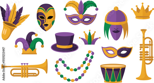 Mardi Gras carnival elements collection with masks, beads, trumpet, drum, crown, jester hat and festive parade decorations in purple, green and gold vector set