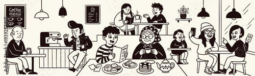 Diverse group of people enjoying a bustling coffee shop environment with drinks and conversations