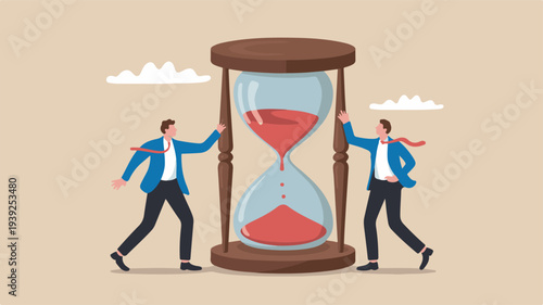 Two businessmen collaborating beside a large hourglass symbolizing patience and time management in a professional setting
