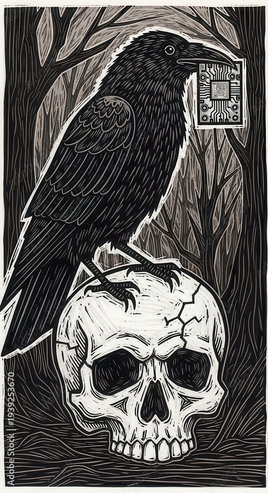 Obraz premium Stylized depiction of a dark bird perched atop a cracked human skull holding a small electronic component
