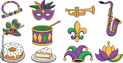 Mardi Gras carnival elements set with mask trumpet saxophone drum beads king cake jester hat fleur de lis festive vector illustration isolated background
