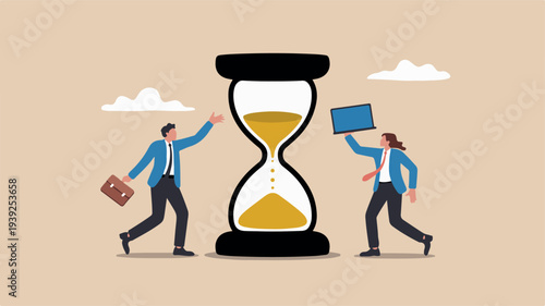 Business professionals demonstrating patience and time management concept using an hourglass illustration in a vector graphic