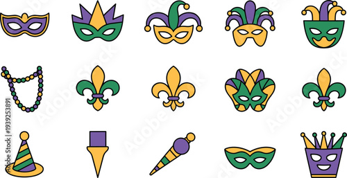 Mardi Gras carnival icon set with masks, fleur de lis, beads, jester hats and festive party elements in purple, green and gold vector illustration