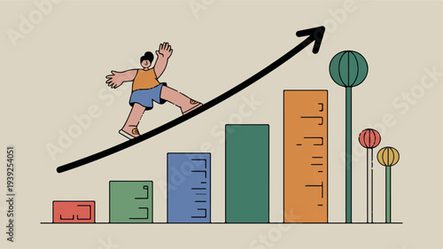 Man running up a rising graph with colorful bar charts and street lamps in the background, illustrating the concept of growth after failure