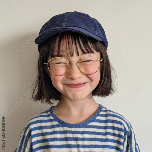 Happy child smiling in casual striped shirt and cap against plain background