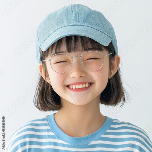 Smiling girl with glasses and a cap wearing striped shirt indoors