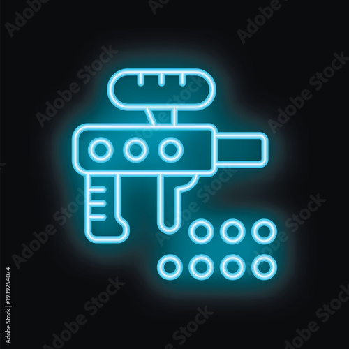 Blue neon sign of a paintball gun firing paintballs on a black background