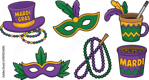 Mardi Gras carnival icons set with masks beads hat festive drink cup feathers purple green gold vector illustration isolated on white background