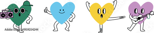 Colorful cartoon hearts with arms and legs playing music and dancing happily in a cheerful scene