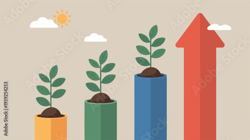 Illustration depicting growth after failure concept with seedlings on rising bars and upward arrow