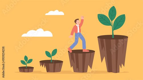 Illustration of a person climbing on growing plants symbolizing growth after failure in a motivational concept