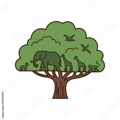 Large tree with elephants, giraffes, and birds in playful design  