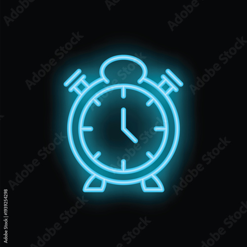Neon blue alarm clock shining in the dark, perfect for themes like time management or waking up