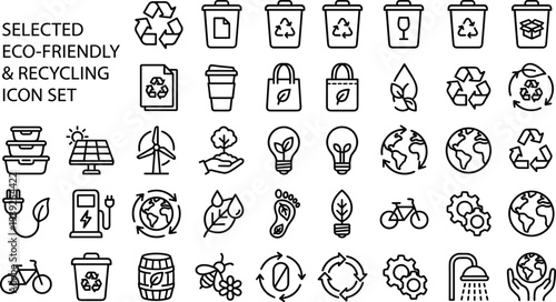 Eco friendly and recycling icon set with various sustainable symbols and signs